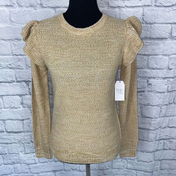 Time and Tru flutter sleeve women’s XS 0-2 NWT Longsleeve Crewneck tan sweater - Picture 1 of 11